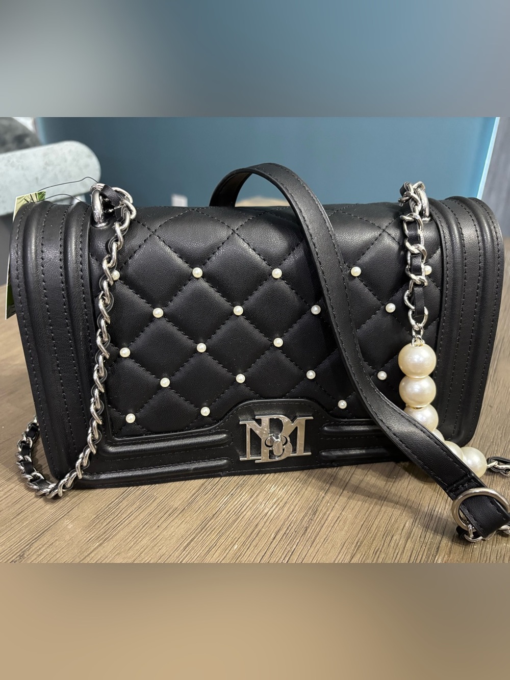Badgley Mischka Black Quilted Pearl-Accent Crossbody Bag